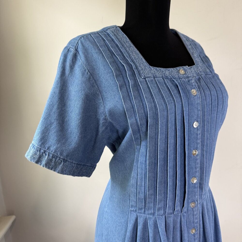 Vintage 90s Chambray Pintuck Pleated Dress | Prairie Cottage Denim Midi - Picture 2 of 16